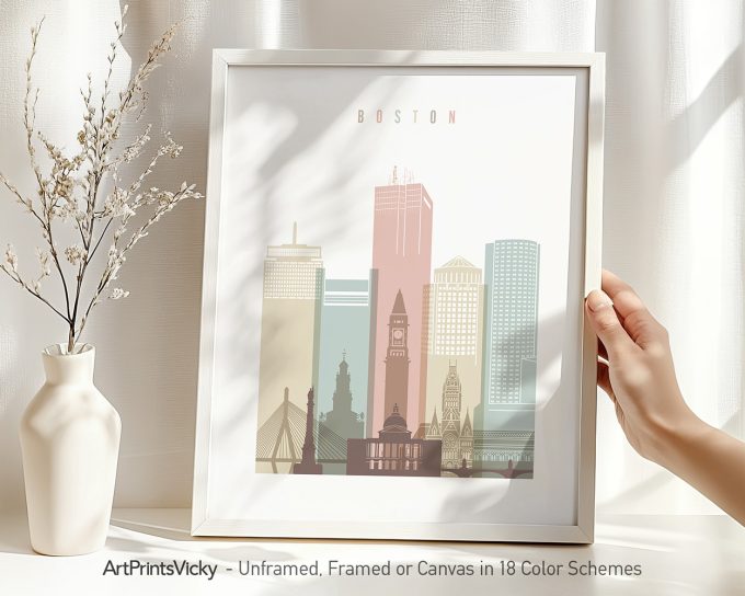 Art print featuring a stylized cityscape of Boston with various buildings and structures.
