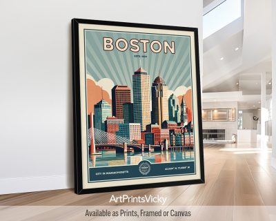 Retro artistic print of Boston city skyline