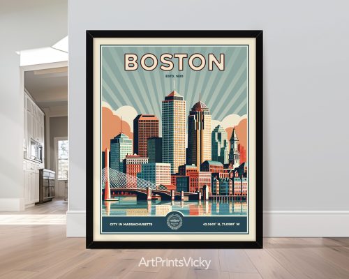 Vintage Boston skyline artwork in retro style
