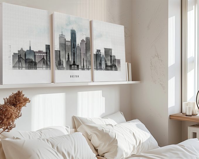 Three framed art prints of the Boston skyline displayed above a bed in a bright room.