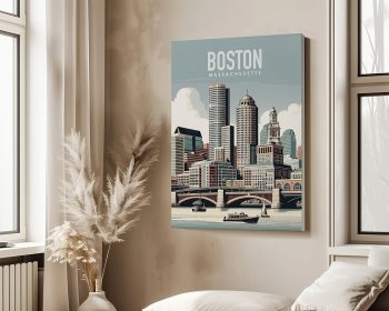 Illustrative artwork depicting the cityscape of Boston, Massachusetts with buildings and a bridge.