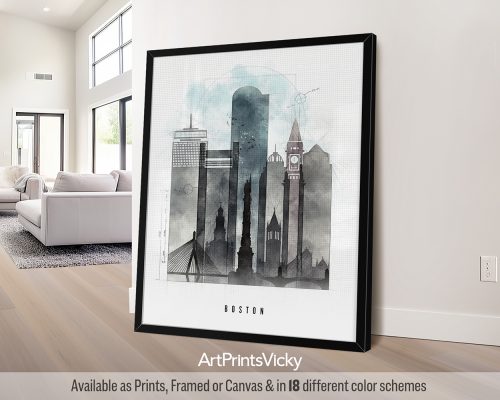 Boston skyline with iconic buildings, bridges, and landmarks in an architectural Urban 1 style with bold lines, by ArtPrintsVicky.
