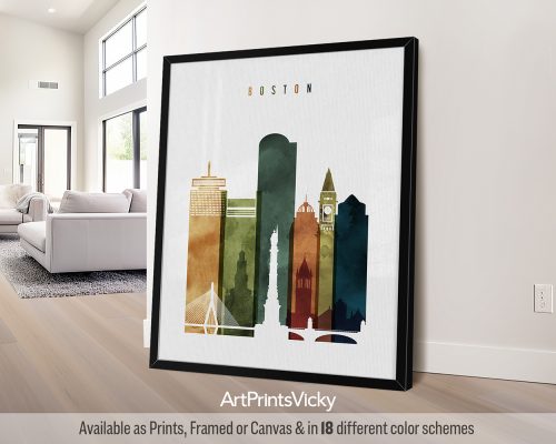 Boston minimalist city poster featuring the Zakim Bridge, and other iconic landmarks in a bold and expressive Watercolor 3 style, by ArtPrintsVicky.