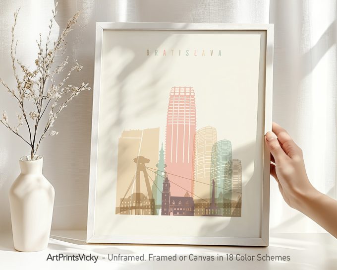 Art print featuring a stylized cityscape of Bratislava with various buildings in pastel colors.