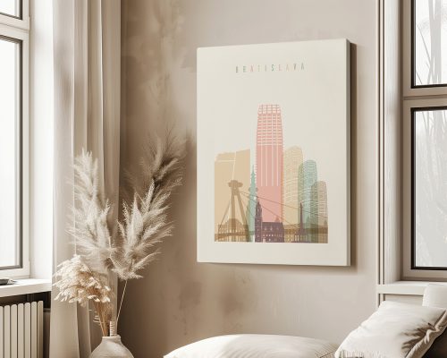 Art print featuring a stylized illustration of Bratislava's skyline with notable buildings.