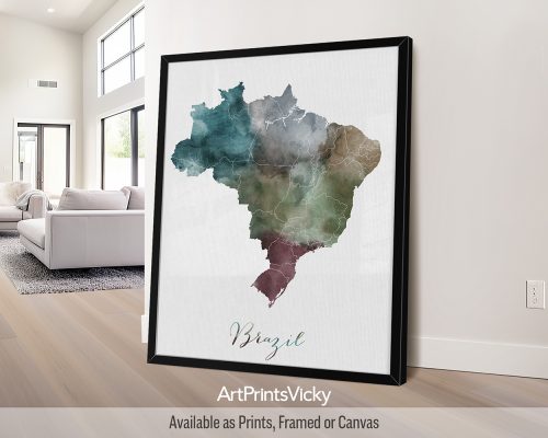 Brazil watercolor map poster with handwritten title by ArtPrintsVicky