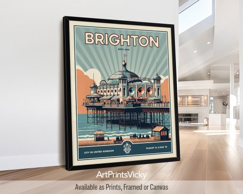 Brighton UK Poster Inspired by Retro Travel Art by ArtPrintsVicky