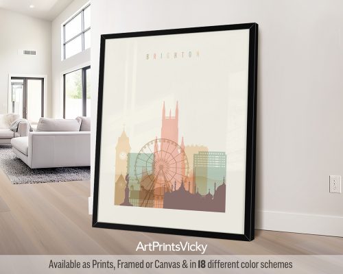 Brighton, England contemporary city print featuring Brighton Pier, the Royal Pavilion, and seaside architecture in a warm, Pastel Cream palette, by ArtPrintsVicky.
