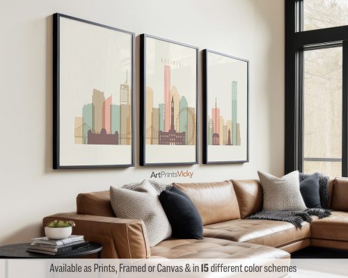Brisbane skyline triptych featuring the Story Bridge, City Hall, and other iconic landmarks in a warm and inviting Pastel Cream palette, divided into three prints. by ArtPrintsVicky.