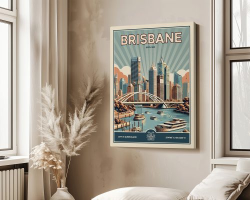 Retro poster of Brisbane featuring the city skyline and river with a vintage design.