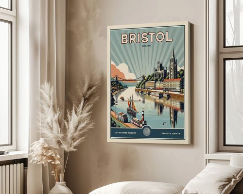 Vintage-style artwork depicting the city of Bristol with a river and buildings in the background.