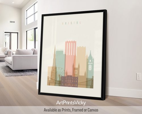 Bristol, UK skyline featuring the Clifton Suspension Bridge, colourful harbourside, and other landmarks in a warm, vintage-inspired Pastel Cream palette, by ArtPrintsVicky.