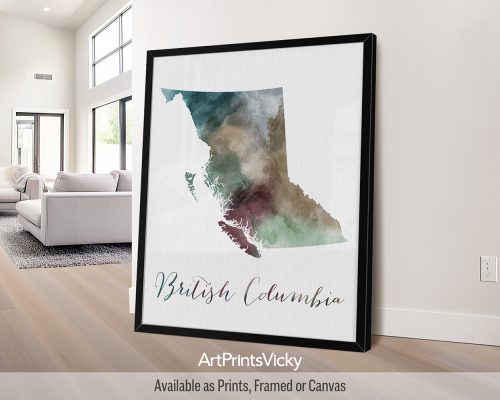 British Columbia watercolor map poster with handwritten title by ArtPrintsVicky