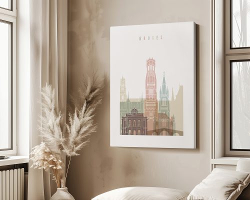 Artistic representation of Bruges cityscape with various buildings in muted colors on a wall.
