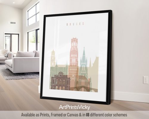 Pastel white Bruges city skyline poster featuring the Belfry tower by ArtPrintsVicky