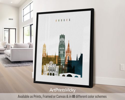 Bruges city skyline print featuring iconic medieval architecture, and vibrant cityscape in a rich and colorful Watercolor 3 style, by ArtPrintsVicky.