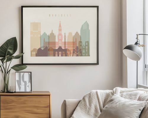 Artistic representation of Brussels skyline with notable buildings and landmarks in muted colors.