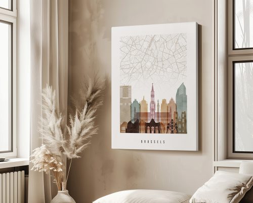 Artistic representation of a map of Brussels with notable buildings and landmarks illustrated.