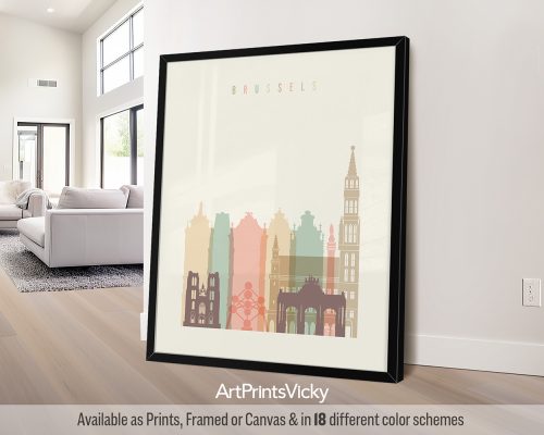Brussels city skyline print in a warm Pastel Cream color theme by ArtPrintsVicky
