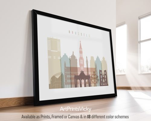 Brussels landscape featuring iconic architecture like the Grand Place and the Atomium in a soft and dreamlike pastel white palette, by ArtPrintsVicky.