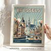 Art print featuring a stylized illustration of Brussels with notable buildings and a river.