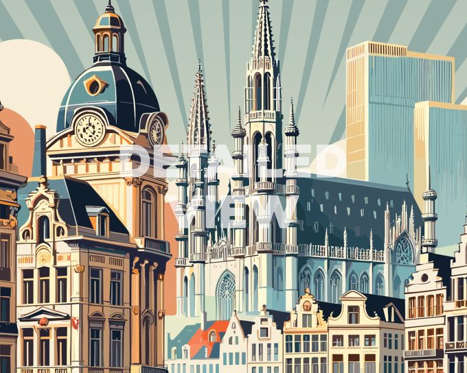 Illustration of Brussels featuring prominent buildings and architectural details in a retro style.