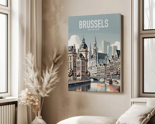Art print of Brussels featuring buildings and a canal with the text 'Brussels Belgium'.