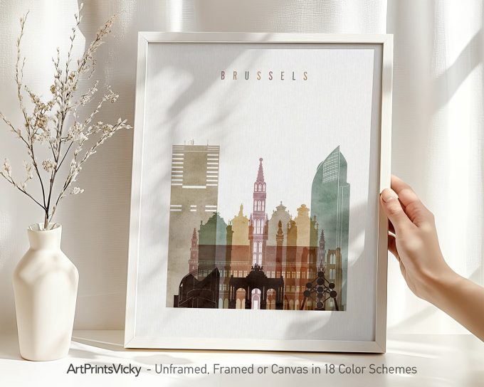 Art print featuring a stylized cityscape of Brussels with notable buildings and structures.