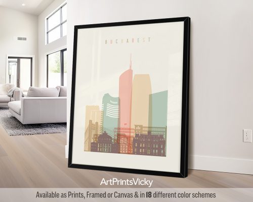 Bucharest skyline featuring the Palace of the Parliament, the Romanian Athenaeum, and other landmarks in a modern Pastel Cream palette, by ArtPrintsVicky.
