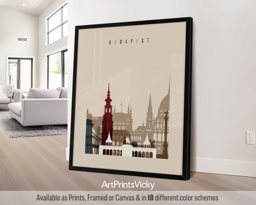 Minimalist Budapest skyline featuring iconic landmarks in a warm and inviting Earth Tones 2 palette, by ArtPrintsVicky.