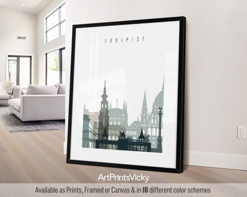 Modern Budapest skyline featuring iconic landmarks and contemporary architecture in a calming Cool Earth Tones 4 palette by ArtPrintsVicky.