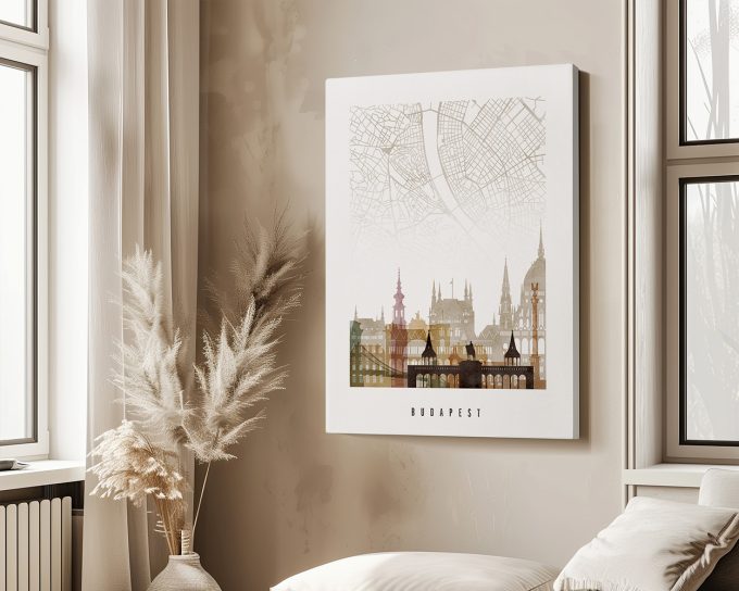 Artistic representation of Budapest city map with skyline silhouettes in soft colors.