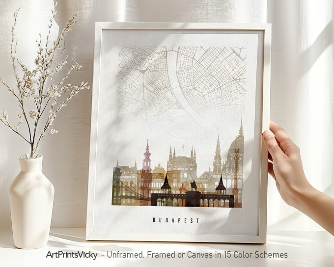 Art print of a map of Budapest featuring prominent buildings and landmarks in a minimalist design.