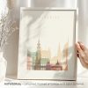 Art print of Budapest cityscape featuring prominent buildings in soft colors.
