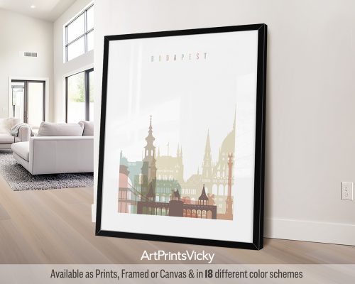 Pastel white Budapest city skyline poster featuring Hungarian Parliament Building, Buda Castle, and Chain Bridge by ArtPrintsVicky