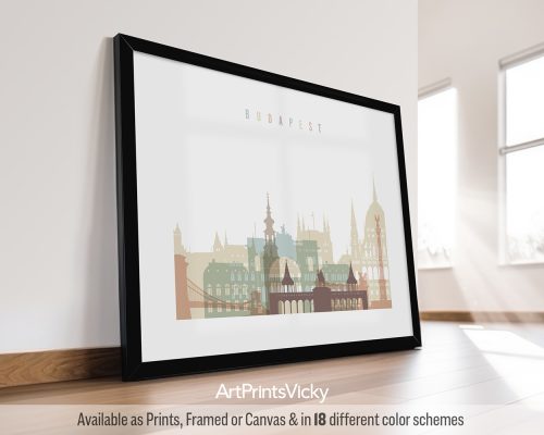 Landscape Budapest city skyline poster in soft pastel white featuring Hungarian Parliament Building, Buda Castle, Chain Bridge, and Danube River by ArtPrintsVicky