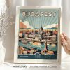 Retro art print of Budapest featuring the Hungarian Parliament Building and the Danube River.