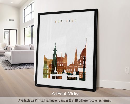 Budapest city print featuring the Hungarian Parliament Building, and vibrant cityscape in a rich and colorful Watercolor 3 style, by ArtPrintsVicky.