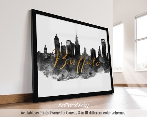 Black and white detailed artwork of the Buffalo skyline with "Buffalo" written above in faux gold lettering. Perfect for lovers of Buffalo, cityscapes, and a touch of modern elegance by ArtPrintsVicky.