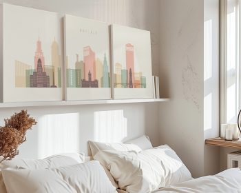 Three canvas art prints depicting a stylized cityscape of Buffalo with various buildings and landmarks.