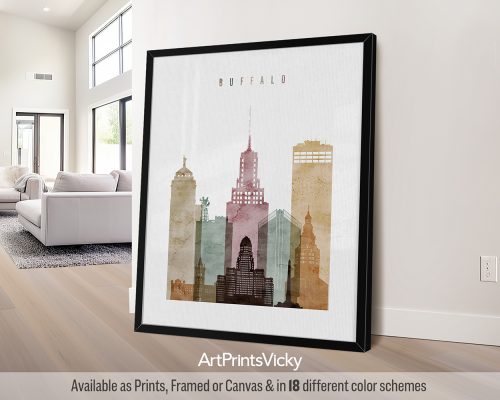 Buffalo, NY minimalist skyline poster featuring City Hall, Electric Tower, and other iconic landmarks in a rich and expressive Watercolor 1 style, by ArtPrintsVicky.
