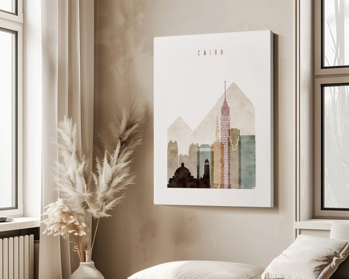 Artistic representation of Cairo featuring iconic buildings and pyramids in muted colors.