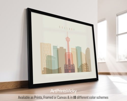 Calgary city skyline print rendered in a warm Pastel Cream palette with landscape orientation by ArtPrintsVicky