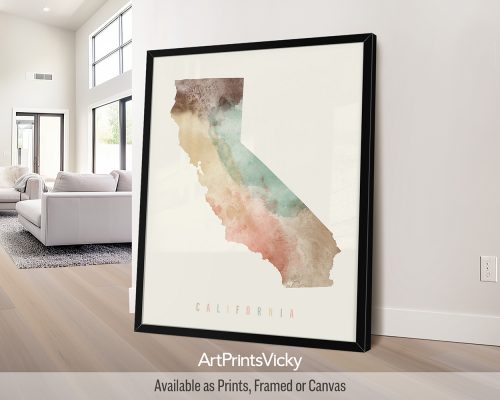 California map poster in a warm Pastel Cream watercolor style, by ArtPrintsVicky.