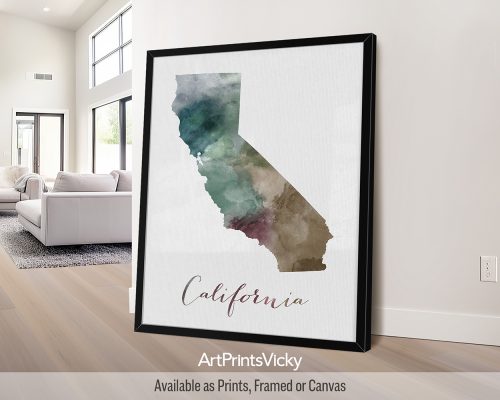 California watercolor map poster with handwritten title by ArtPrintsVicky