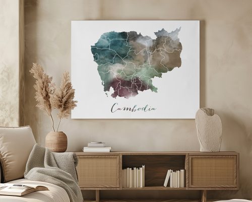 Watercolor map of Cambodia with various shades and outlines of regions.
