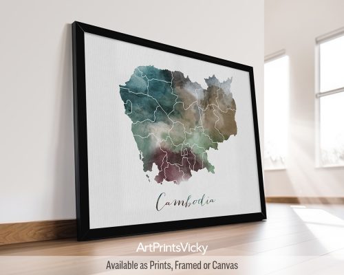 Earthy watercolor poster of the Cambodia map, with "Cambodia" written below in handwritten script, on a textured background. Perfect for lovers of Angkor Wat and Southeast Asian history by ArtPrintsVicky.