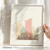 Art print of Phnom Penh skyline featuring notable buildings and structures in pastel colors.