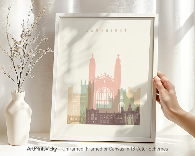 Art print of Cambridge featuring architectural landmarks in pastel colors.