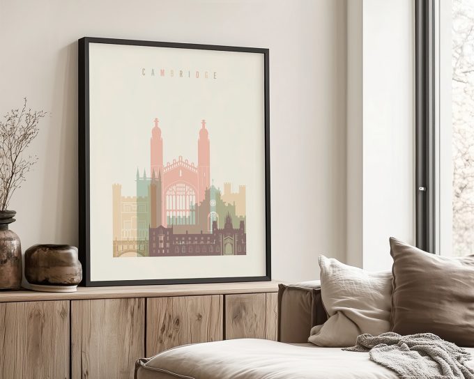 Art print of the Cambridge skyline featuring notable buildings in pastel colors.